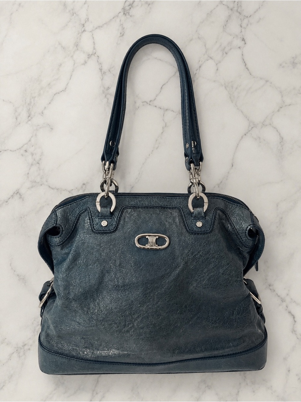 Celine Navy Blue Leather Shoulder Bag with Silver Hardware